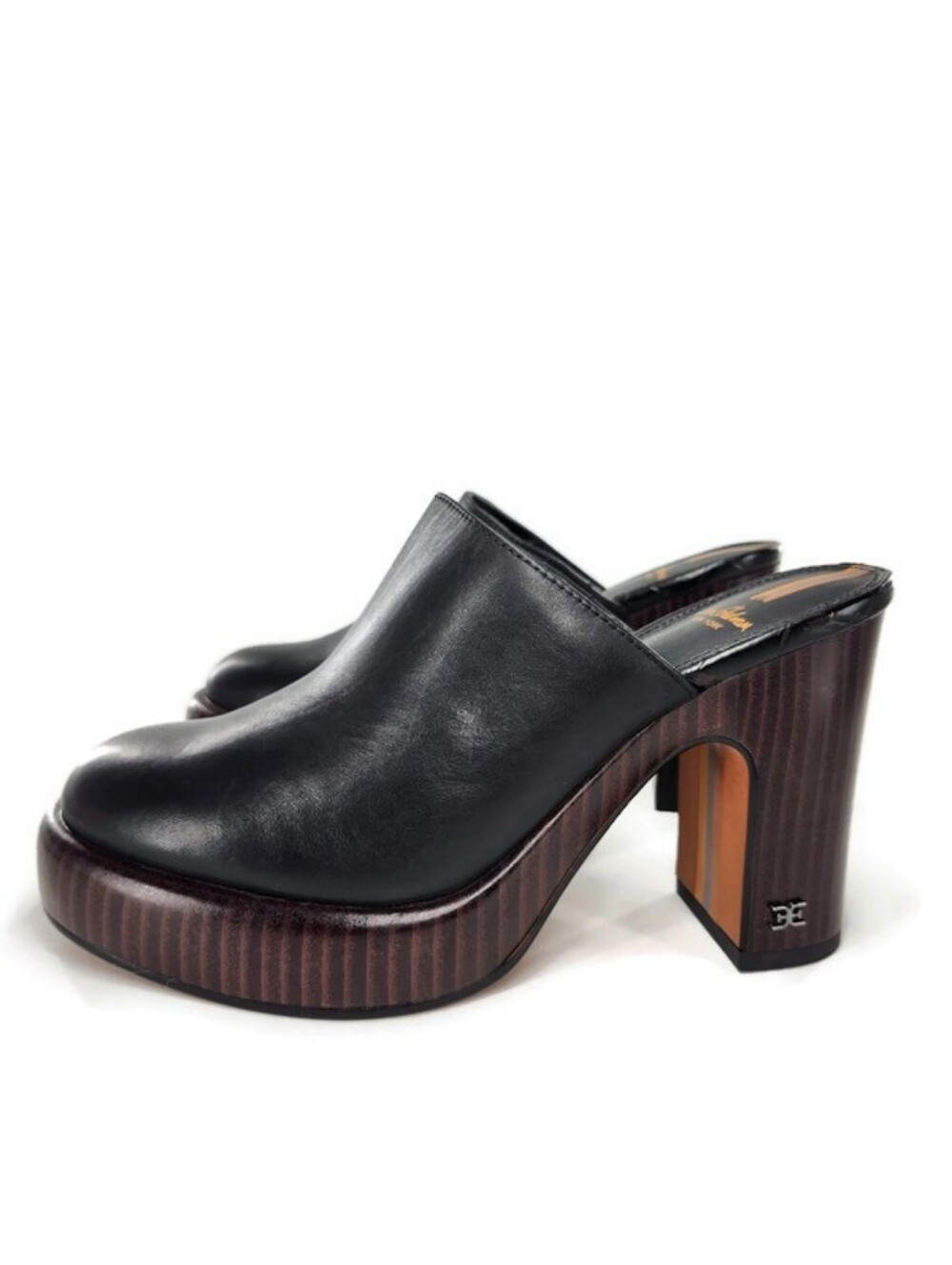 Sam Edelman Shiloh Black Leather Wood Look Block High Heel Platform Mule Clogs - Picture 4 of 11